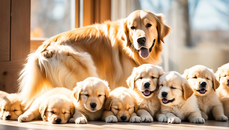 Golden Retriever Meets His Puppies